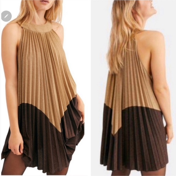 Free People Dresses & Skirts - Free People Pleated Love Mini Dress in brown and gold Neck tie, swing dress.